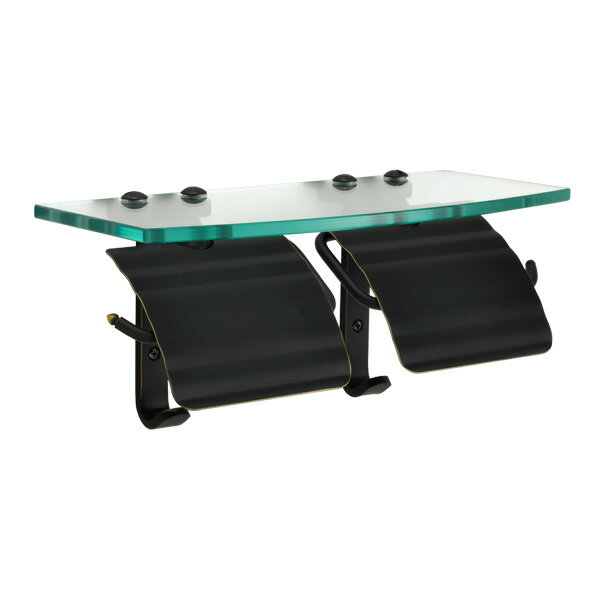 【LINEクーポン配布中】真鍮 ペーパーホルダー(ガラスシェルフ付)ダブル 黒色 アンティーク ブラス 雑..