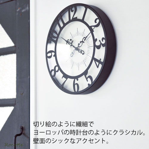 【ポイントUP＆乾電池付き】掛け時計 おしゃれ インターフォルム 壁時計 リビング かわいい 見やすい 大きい文字 クラシカル エレガント 切り絵 モダン シンプル ブラック ホワイト 白 黒 モノトーン ジゼル CL4960