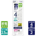 電源タップ 延長コード 電源コード 4個口 コンセントタップ USBポート 2個口 2.5m 合計1400Wまで 個別スイッチ GTS425-WT ホワイト 電源 たこ足 タコ足 タコ足配線 4口タップ USB2ポート USB延長コード 延長ケーブルトップランド TOPLAND 【送料無料】