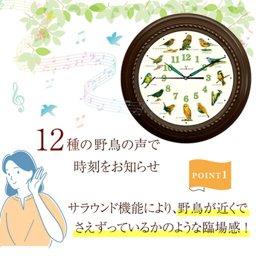 野鳥の電波壁掛け時計 12種類の野鳥のさえずり 日本標準 電波 自動受信 HO-20251 野鳥の電波時計 壁掛け時計 時計 大型時計 安眠機能搭載 アナログ レトロ サラウンド Bird Clock 和室 洋室 インテリア シンプル おしゃれ マリン商事