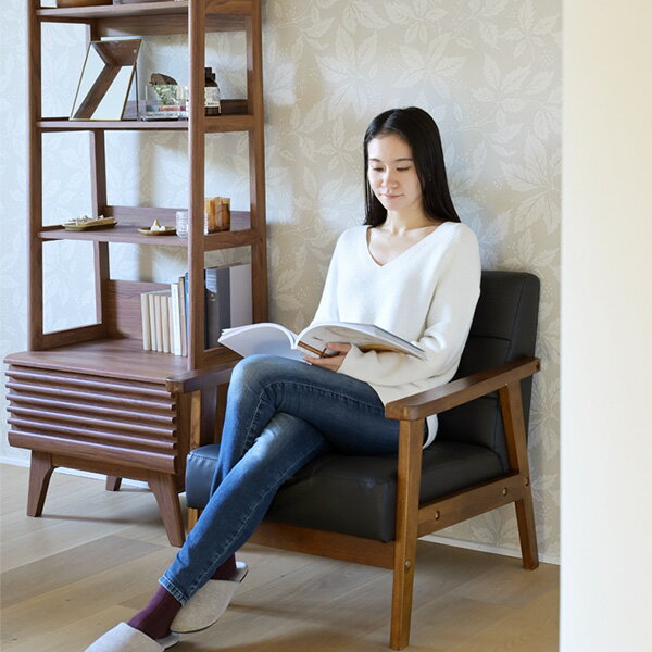 ソファ 1人掛け レトロ調 合皮 肘付き 幅64 奥行70 高さ68.5cm 木肘ソファ ソファー 1人掛けソファ 一人掛け パーソナルソファ 肘付き レトロ 木肘 スリム コンパクト 応接室 スタンダードモダン 山善 YAMAZEN