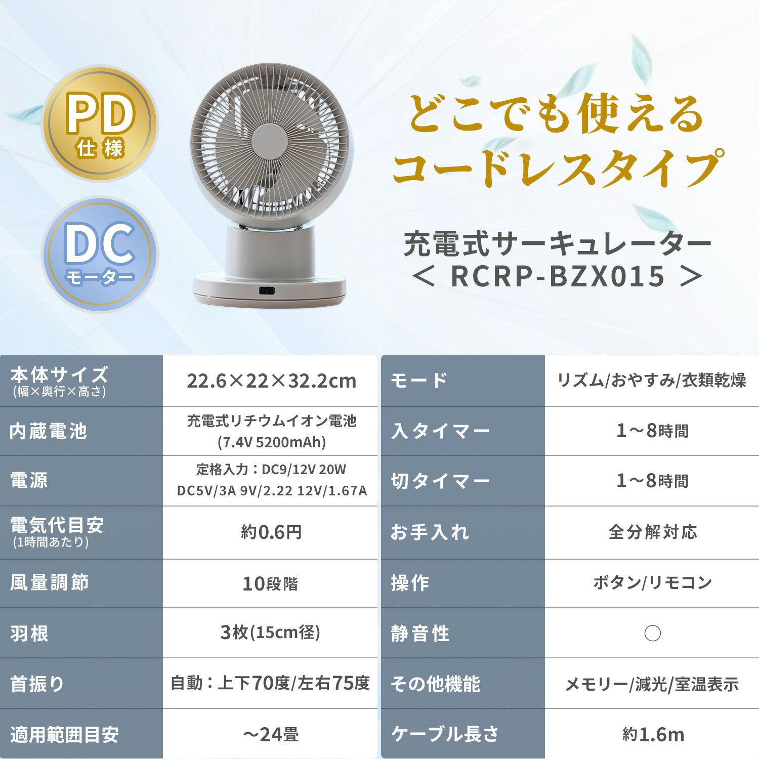 【P10倍 4/17 9:59迄】 洗える サーキュレーター DCモーター コードレス 充電式 PD対応 全分解サーキュレーター 上下左右首振り 24畳まで DCサーキュレーター 静音 分解できる RCRP-BZX015(C) 扇風機 衣類乾燥 山善 YAMAZEN 【送料無料】