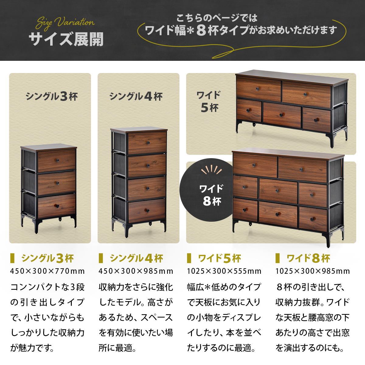 3段 8杯 リバーシブル ヴィンテージチェスト ファブリックチェスト キャビネット RVLS0286 ワイド幅引き出し8杯 木目天板 リバーシブルデザイン 不織布チェスト 木目 アメリカンロゴプリント [3]