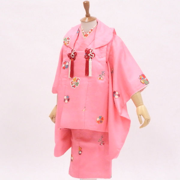 七五三 3歳 着物フルセット 【販売】【表地正絹】清楚なピンクの桜柄 髪飾りと着付け小物付き