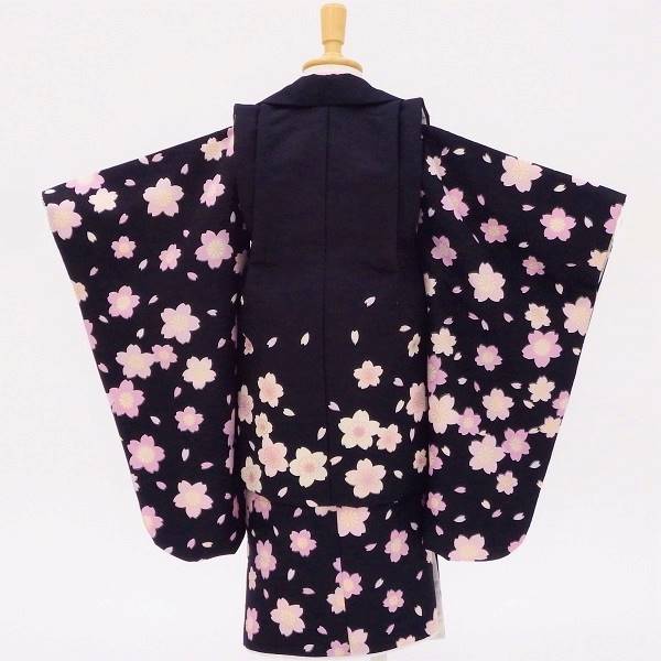 七五三 3歳 着物フルセット 【販売】おしゃまな桜柄の黒 髪飾りと着付け小物付き