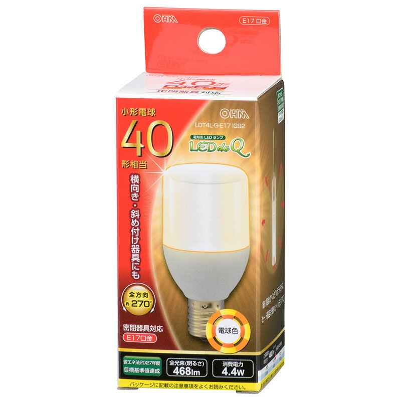 オーム電機　LED電球 T形 E17 40形相当 電球色LDT4L-G-E17 IG92【品番：06-3735】