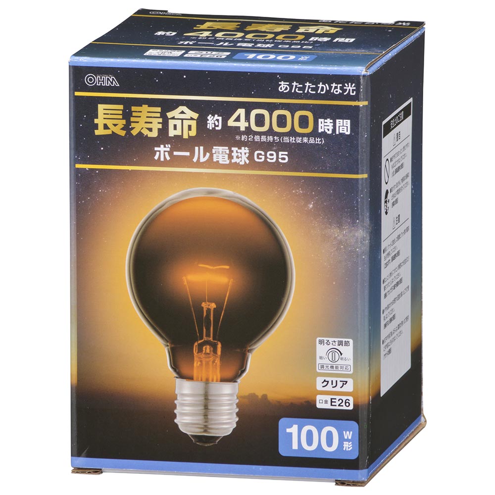 オーム電機　長寿命ボール電球E26 100W形 G95クリア　LB-GL96100K-CN【品番：06-0865】