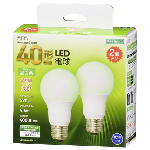 オーム電機　LED電球E26 40形相当 昼白色 全方向 2個入LDA5N-G AG52 2P【品番：06-4705】