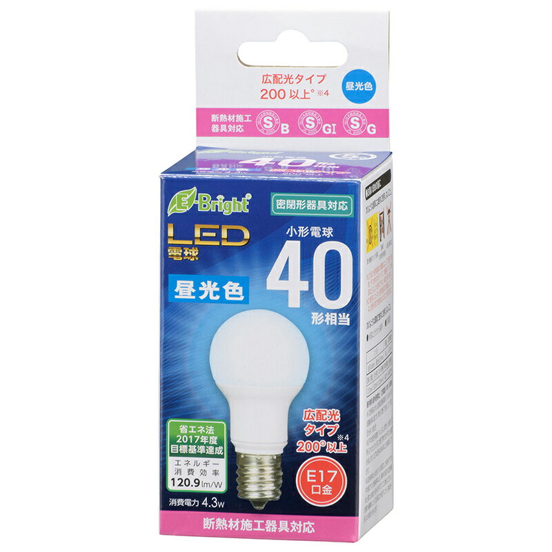 オーム電機　LED電球 小形 E17 40形相当 昼光色LDA4D-G-E17 IH2R1【品番：06-3624】