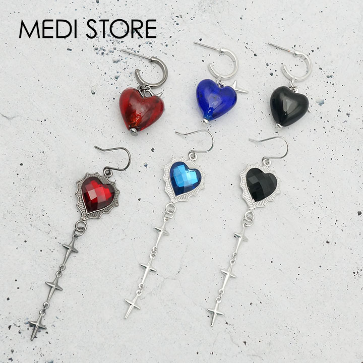 ハート クロスピアスアンバランスピアス / ハート heart ピアス ファッションピアス フックピアス フープピアス クロス 十字架 20G（0.8mm）