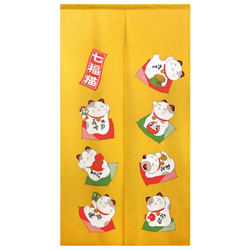 市松柄レース縁起物のれん 42228 開運七福ねこ YE