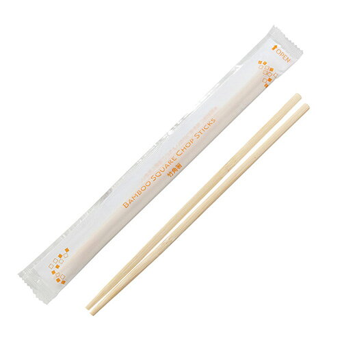 ■1膳あたり3.19円 ■卓上で転がりにくい四角形の形状をした箸です。 ■最初から1本1本独立したお箸ですので、割る必要がありません。 ■ポリフィルムで1膳ずつ密閉されているため、テイクアウトやデリバリーの際にお弁当の水分・油分が染み込まず、常に衛生的な状態を保ちます。 ■爪楊枝が入っていないため、小さなお子様が手にするシーンでも安心です。 ■竹は、成長が早く伐採した地下の茎から再び新たな芽を出しますので、森林保護の立場からも注目されています。 ■従来は使われなかった竹の節部分まで丸ごと有効利用した、より環境に優しいエコ商品です。 サイズ5mm×長さ20cm 材質竹、（包装：OPPフィルム） 数量100膳 原産国中国 ●天然素材の為、稀にシミ・色ムラがあります。●カビの発生や変色等を防ぐ為、直射日光や高温多湿になる場所では保管しないで下さい。