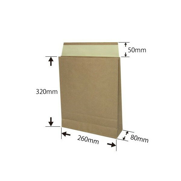 ■1枚あたり24.42円■A4サイズの資料やファイル等を郵送するのに最適 な宅配袋です。■メール便対応サイズですので使い勝手が良く、 幅広い用途でご使用頂けます。 サイズ 260×80×320＋テープ面50mm 材質 未晒クラフト120g／m2 カラー 未晒茶 数量 500枚（25枚×20束） 【メール便対応サイズについて】●長辺40cm以内・厚さ2cm以内の縦＋横＋厚さの合計が70cm以内で重量1000g以内のもの。 A4サイズは角2封筒以内のサイズとなります。（角2封筒＝縦：33.2cm・横：24cm以内）、B4サイズは片辺でもA4サイズをオーバーしたもので最大サイズ以内のものとなります。　（ヤマト運輸の場合）