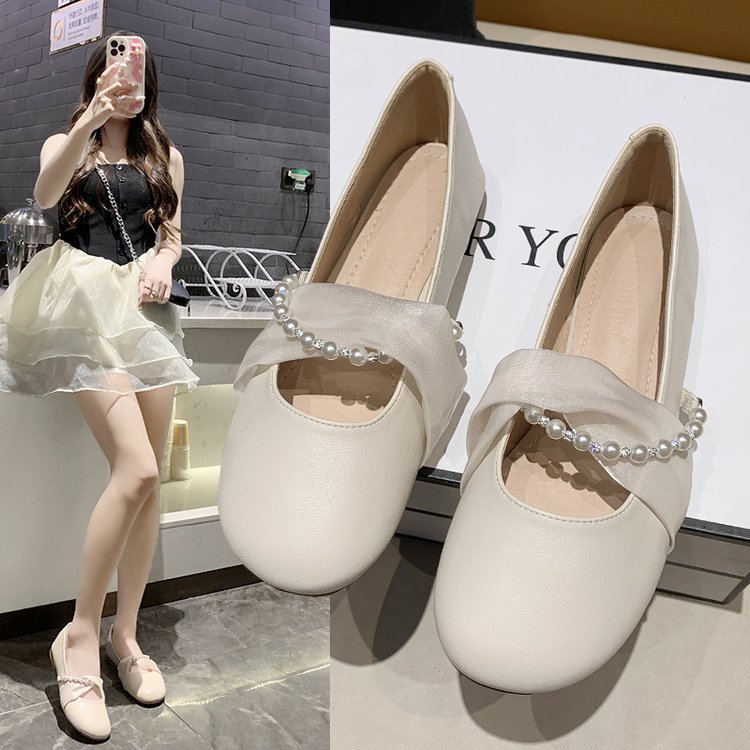 Rakuten - ストラップ パンプス パールパンプス ラウンドトゥ パールパンプス　ローヒール　歩きやすい パンプス フラットパンプス痛くない フラットサンダル 新作 歩きやすい 新スタイル リボン付き　パンプス サンダル ヒール1.5CM 美脚 パンプス サンダル パンプス