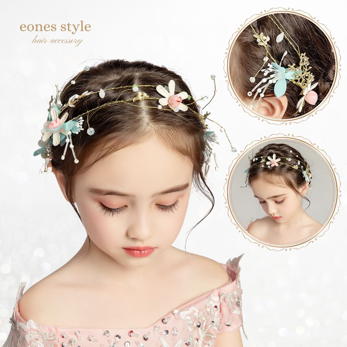 ヘアアクセサリー　髪飾り ピアノ 発表会 ヘッドドレス 子供 女の子 キッズ 花 ゴールド ホワイト ピン..