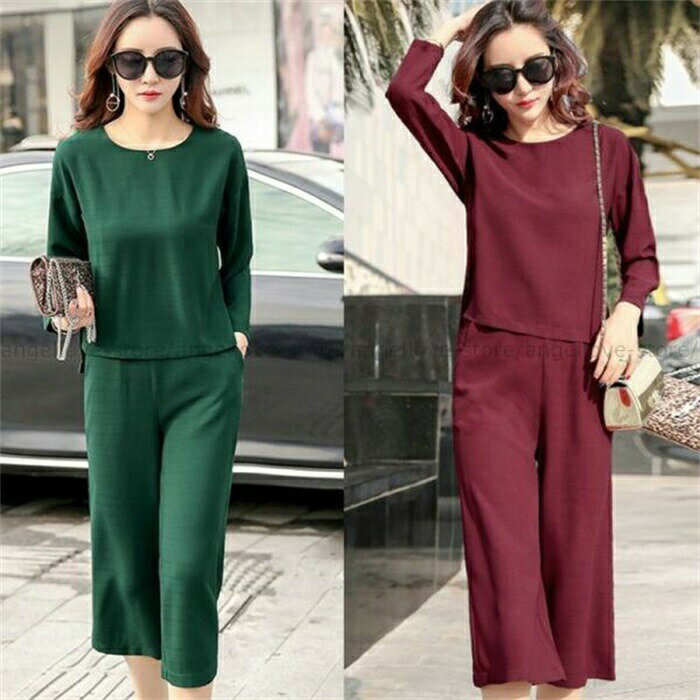 春夏 セットアップ レディース パンツドレス フォーマル 2点セット ガウチョパンツ 無地 Tシャツ 長袖 ..