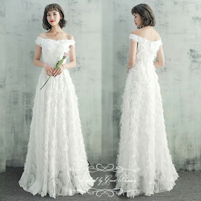 ウェディングドレス オフショルダー 背中ファスナー 前撮り 後撮り 披露宴 リゾートウェディング ガーデンウェディング 花嫁ドレス 二次会 白 ショール付き ロング フェザーモチーフ ウエディングドレス 家族挙式 gcd_8706