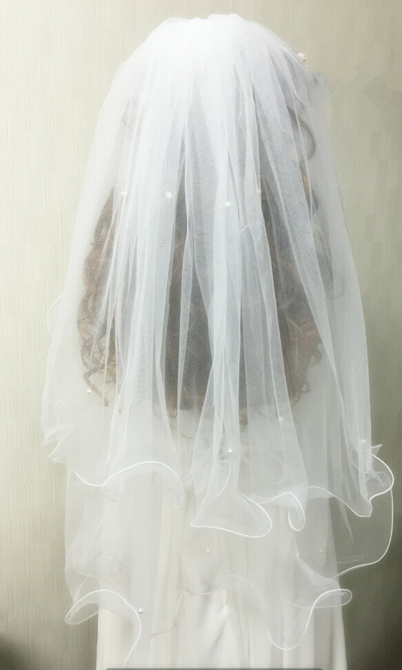 【金属製コーム付き】パール付きメロウのウェディングベール　ショートベール　【1.5m】 ブライズメイド