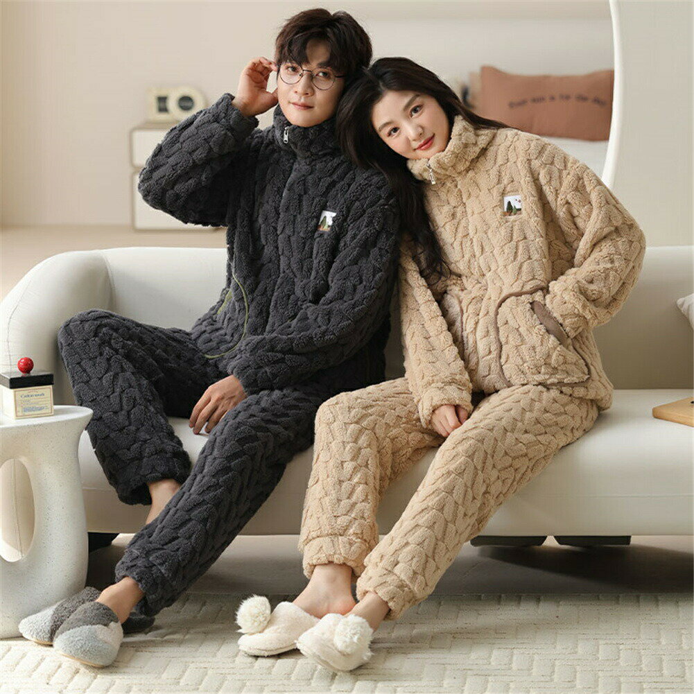 ペアパジャマ 冬 モコモコ 男女2着 セット 前開き 長袖 スタンド襟 シンプル 柔らかい カップル ペア ルームウェア レディース パジャマ ペア 夫婦 もこ...