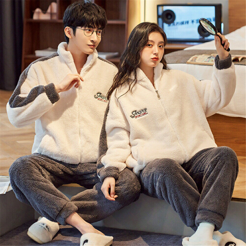 ペアパジャマ 冬 モコモコ 男女2着 セット 長袖 前開き スタンド襟 ファッション 韓国風 カップル ペア ルームウェア ペア パジャマ 夫婦 もこもこ メン...