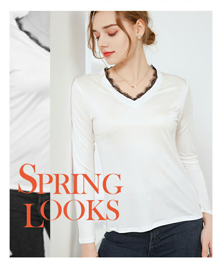【送料無料】シルクTシャツ 長袖 無地 レース Vネック ニット カットソー インナー...