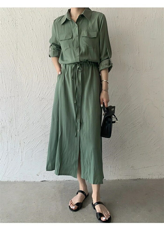 樂天商城 - ロングワンピース シャツワンピース 長袖 フレンチスリーブ 無地 シンプル きれいめ 体型カバー マキシワンピース 楽ちん 春夏秋 レディースファッション 20代 30代 40代 50代 60代 ワンピスター