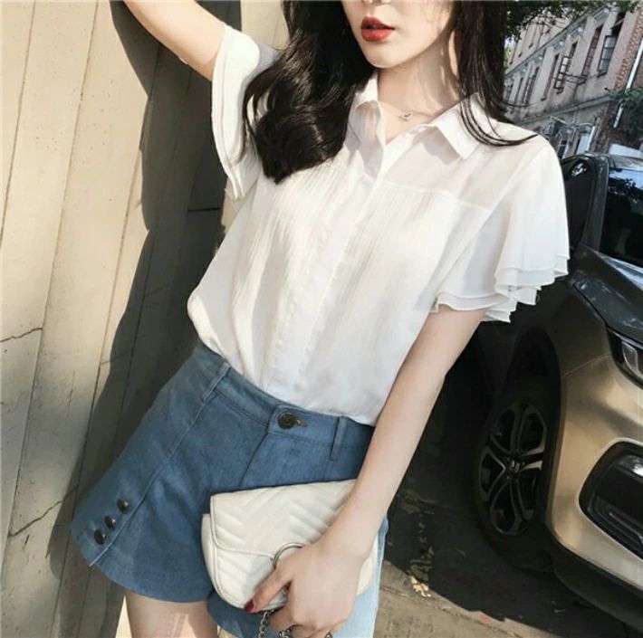Rakuten - 送料無料 半袖Tシャツ レディース 半袖 シャツ ブラウス フレア フリル シフォン vネック チュニック トップス カジュアル 白 きれいめ S M L XL 2XL