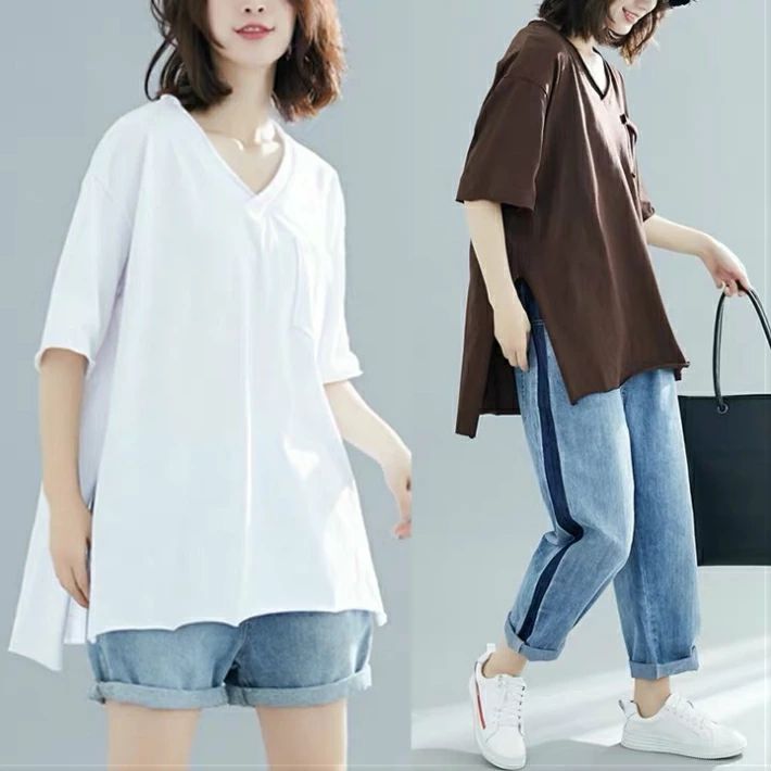 Rakuten - 送料無料 Tシャツ レディース 半袖Tシャツ 無地Tシャツ ロンT カットソー プルオーバー ロングTシャツ ロンティー スエット ルームウエア ゆったり 夏　春秋 フリー グレー ホワイト ブラック ブラウン