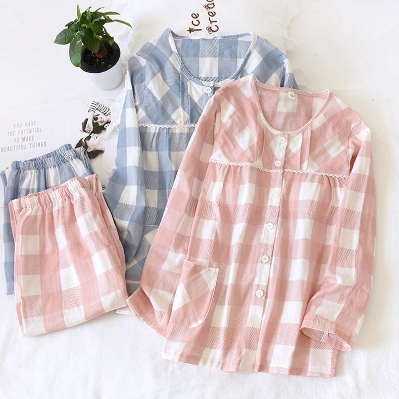 胸パット付きパジャマ チェック柄パジャマセット 綿生地 レディースパジャマ Vネック ガーゼパジャマ 上下セット イチゴ柄 チェック柄 無地 可愛いルームウェア ロング丈パジャマパンツ 長袖 ナイトウエア 部屋着セット 寝間着 快適 春秋 入院 産後 プレゼント 贈り物 8色