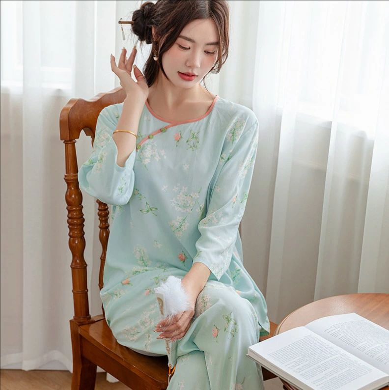 花柄パジャマセット 綿生地パジャマ レディースパジャマ 上下セット 中華風 斜め襟 七分袖 寝間着 ルームウェア クルーネック ロング丈パジャマパンツ ナイトウエア 部屋着セット コットン 春秋 入院 産後 プレゼント 贈り物 8色