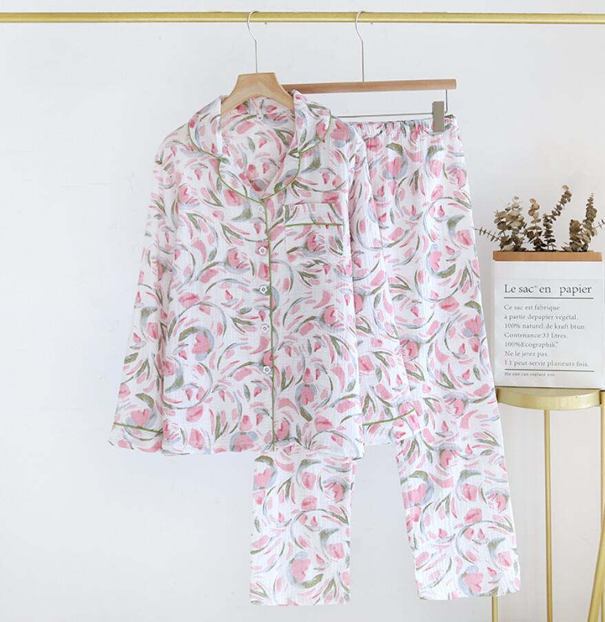 可愛いパジャマ レディース部屋着 二重ガーゼパジャマ 綿生地パジャマ 花柄ルームウェア ナイトウエア 寝巻き 冷房対策 コットン 上下セット 綿パジャマ お肌に優しい プレゼント 入院お見舞い 前開き M L XL