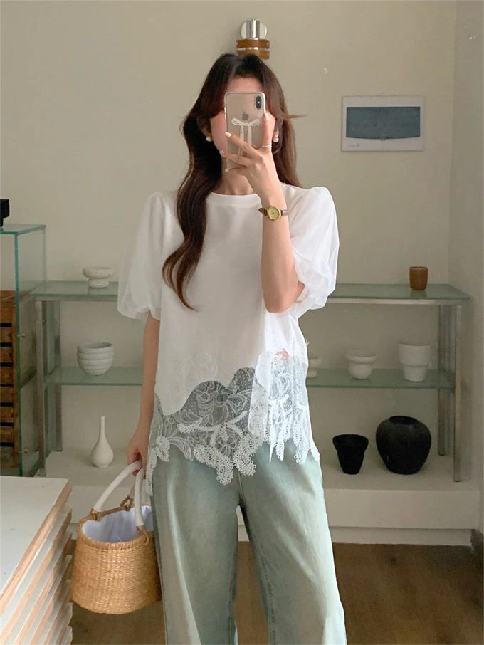 Tシャツ レディース ラウンドネック トップス プルオーバー ボリューム袖 チュール レース切り替え 透かし彫り ゆったり 大きいサイズ 体型カバー 着痩せ 可愛い 大人フェミニン フォーマル 通勤 オフィス カジュアル きれいめ 夏 送料無料 3