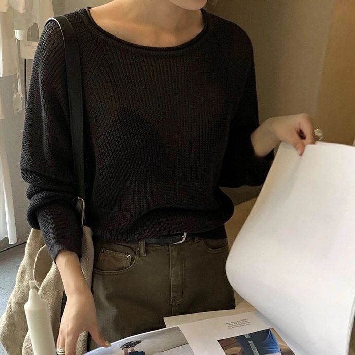 Rakuten - レディース ファッション オシャレ 秋冬トップス シンプル 大きいサイズ セーター 薄手 T トップス ベージュ ブラック ホワイト ニット 無地 シンプル 透明感 ゆったり きれいめ ブラウス 春秋冬 クルーネック カットソー