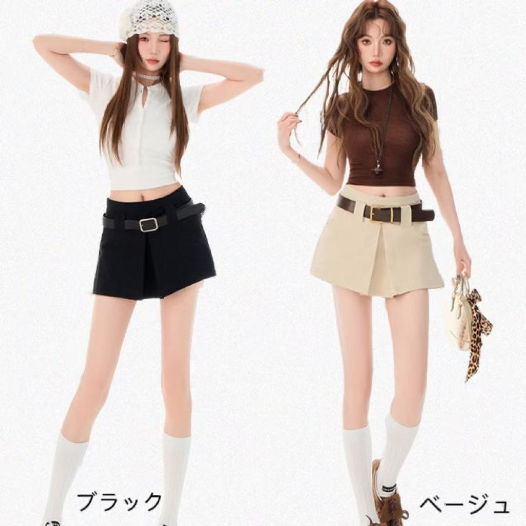 乐天商城 - キュロット ショートパンツ 短パンツ ミニパン ベルト付き 短め 涼しい可愛い おしゃれ 無地 細見え 女の子 春 夏 秋 ミニ ブラック Aライン ダンス キュロットスカート 着痩せハイウエスト 美脚無地 膝上丈ショート丈 ミニスカート