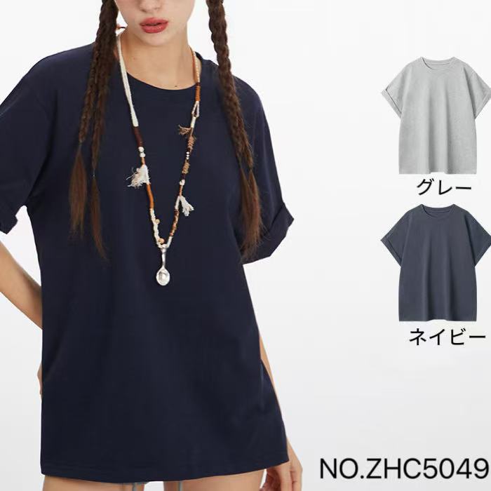 Rakuten - 100%綿 Tシャツ クルーネック 綿 コットントップス ティーシャツ レディース カットソー 二の腕カバー きれいめ ビッグ チュニック 体型カバー 半袖 大きいサイズ ゆったり お尻が隠れる 無地 グレー ネイビー オーバーサイズ涼しい