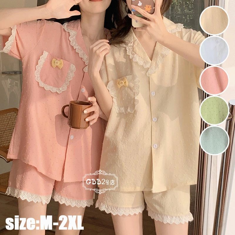 Rakuten - パジャマ レディース 半袖 夏 ルームウェア パジャマ レース ショートパンツ パジャマ セットアップ 大きいサイズ 部屋着 かわいい おしゃれ 可愛い 寝巻き 5タイプ M L XL 2XL