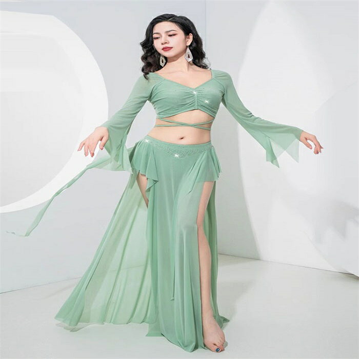 Rakuten - ベリーダンス衣装 セット衣装 スパンコール 可愛い ベリーダンス 衣装セット インナーパンツ付き ロング丈スカート ダブルスリット Vネック 長袖 トップス おしゃれ ベリーダンス 衣装 ダンス レッスン着 舞台 ステージ衣装 ダンスウェア ブルー ピンク パープル グリーン