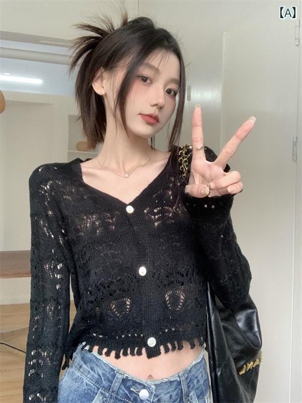 2024 夏の 女性の ショート ルーズ アウタートップ デザイン V ネック 中空 日焼け 止め 長袖 ニット 薄手 カーディガン