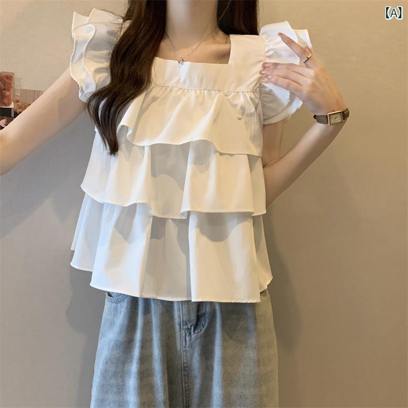 夏の 新しい 女性の フリル スクエア カラー シャツ デザイン ニッチ フレンチ ハイ エンド シック ユニークな ショート トップのサムネイル