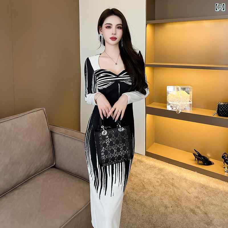 黒と 白の コント ラスト カラーの ユニークな セレブ ドレス 2024 新しい 通勤 カジュアル ミッド レングス 膝上 長袖 ヒップ スカート 女性の ための