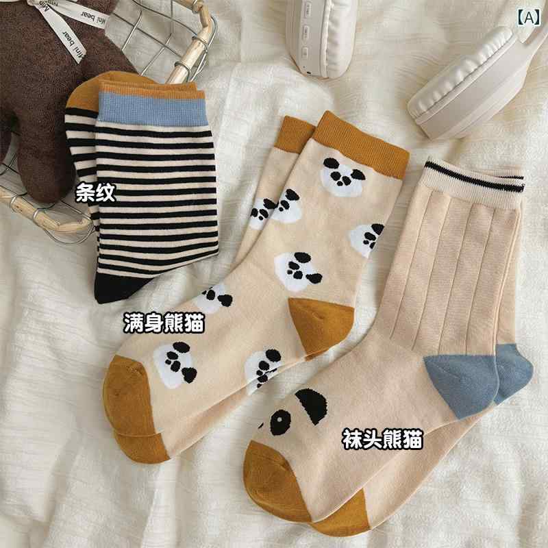 日本の かわいい ストライプの レッサーパンダの 靴下 女性の ミッド カーフ ソックス イン トレンディな 純粋な 綿の 春と 秋の 学生の 春と 夏の 女性用 ストッキング