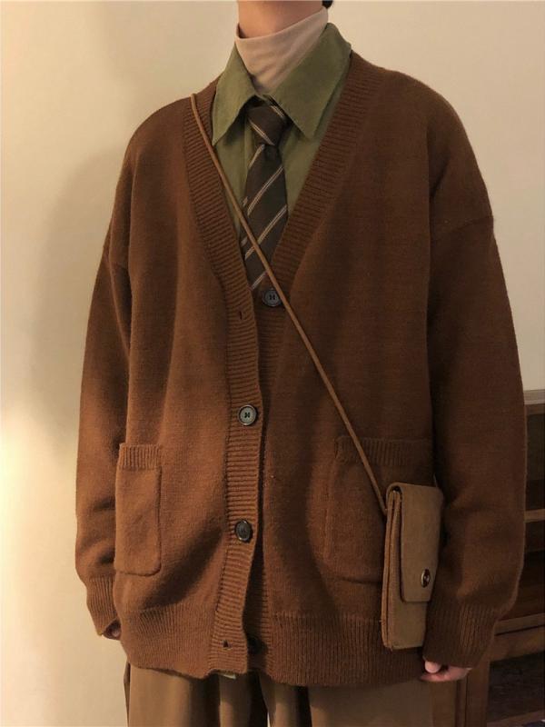 カーディガン メンズ ニット Vネック 秋冬 長袖 ゆったり 大きめ レトロ 韓国風 ポリエステル 普段使い 部屋着