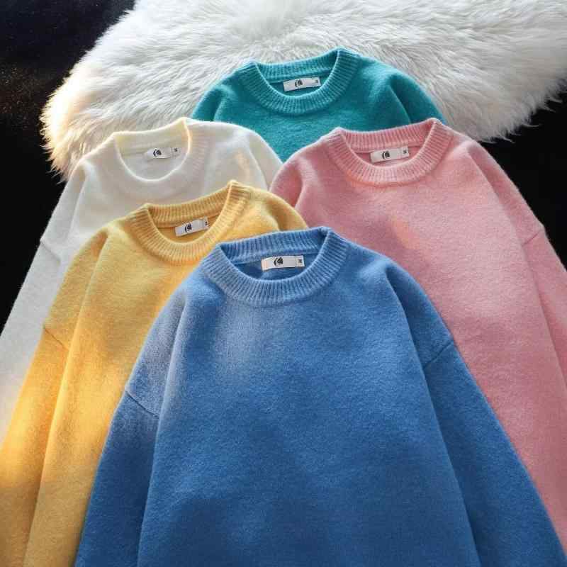 Knit Sweater - ニット メンズ 長袖 丸首 ルーズフィット 韓国風 ファッション カジュアル トップス ポリエステル 大学生 秋冬 赤 ピンク ブラック イエロー グレー ワインレッド コーヒー カーキ オフホワイト ライトグレー ライトブルー ライトグリーン ライトパ