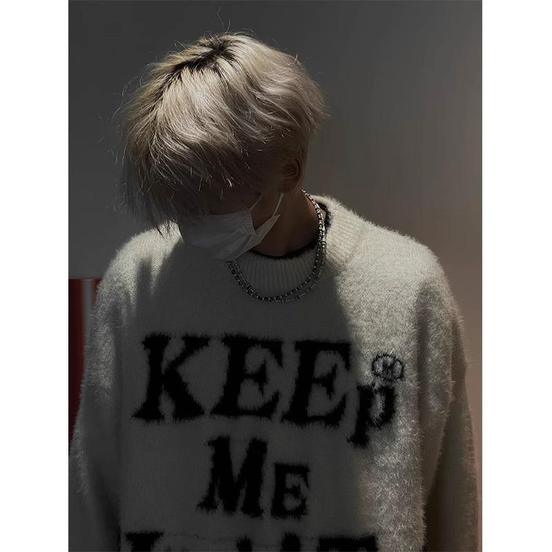 ニット メンズ セーター プルオーバー レトロ 丸首 ゆったり 厚手 秋冬 長袖 トップス カジュアル 黒 白 ポリエステル(4.0)