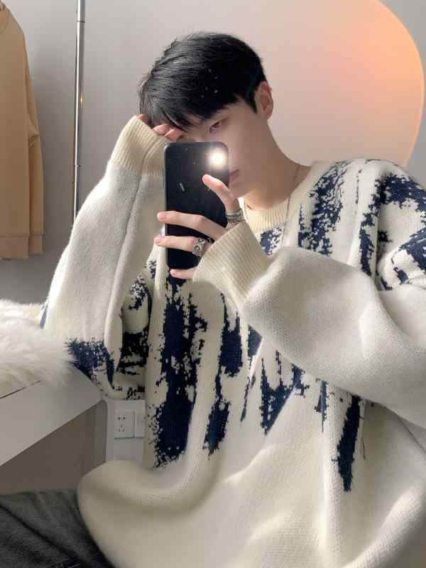 ・款式: 套头・版型: 宽松型・领型: 圆领・袖丈: 長袖・厚薄: 普通・风格: 韩版・款式细节: その他・适合人群: 青年・面料名称: 涤纶・主な素材: 聚酯纤维（涤纶）95%以上・适用场景: 休闲・适合季节: 冬季・カラー展開: 米白, ブラック・サイズ展開: M, L, XL, XXL・工艺: 免烫处理・适用年龄段: 成人・适用性别: 男・产品类别: 针织衫