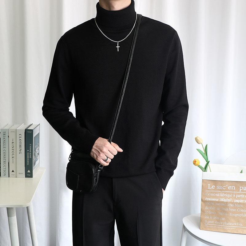 Knit Sweater - ニット メンズ トップス ハイネック 黒 秋冬 男性用 スリムフィット 韓国風 インナー レイヤードスタイル ポリエステル カシミヤタッチ 伸縮性 防寒 ブラック ホワイト カーキ ダークグレー ワインレッド M L XL 2XL 3XL 4XL