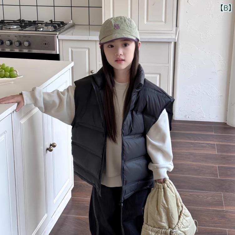 イーマイショップの子供服 ダウンベスト 男女兼用 秋冬 中綿ベスト キッズ アウター 防寒 チョッキ あったか カジュアル 深棕色 黒 灰色｜アングル3