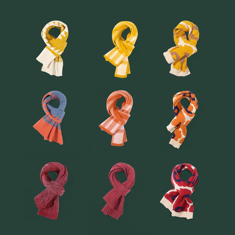 子供用マフラー 秋冬 格子柄 ニット スヌード 男女兼用 ベビー 付け襟 菱形模様 オレンジ色 黄色 赤色 コーヒー色 カーキ色 緑色 青色 グレー