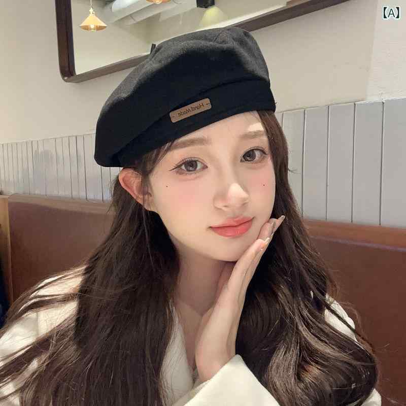 Cap, Hat - 帽子 レディース ベレー帽 秋冬 無地 ウール混 カジュアル 画家帽 メンズ 保温 ブラック コーヒー色 カーキ色 アイボリー Mサイズ