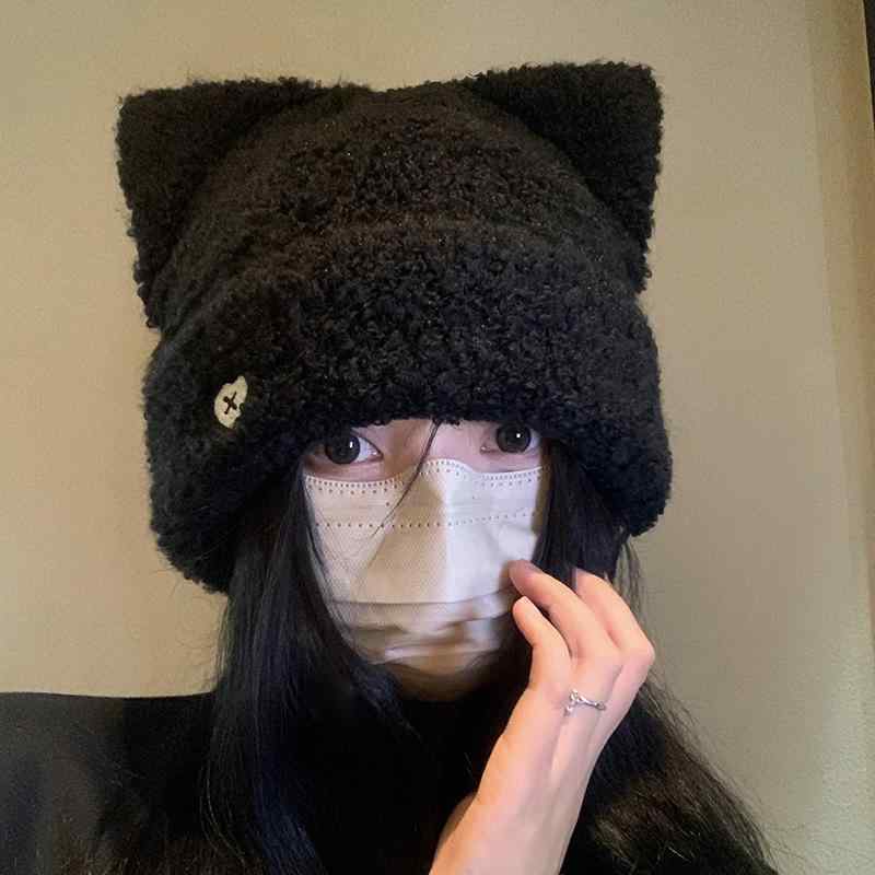 ニット帽 レディース 猫耳 秋冬 大頭 暖かい 韓国風 かわいい 防寒 耳あて おしゃれ 普段使い ミセス ブラック ベージュ ブラウン グレー